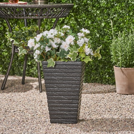 GDF Studio Hedy Garden Urn Planter, Square, Tapered, Riveted, Black Lightweight Concrete