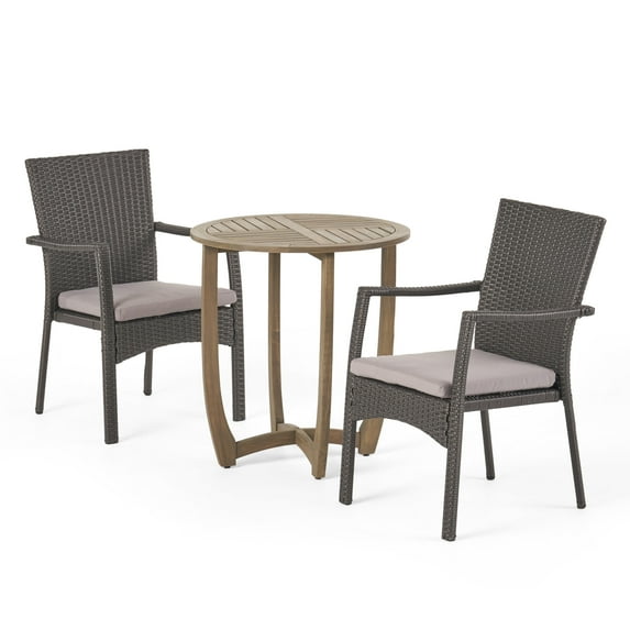 GDF Studio Heminger Outdoor Acacia Wood and Wicker 3 Piece Bistro Set with Cushions, Gray