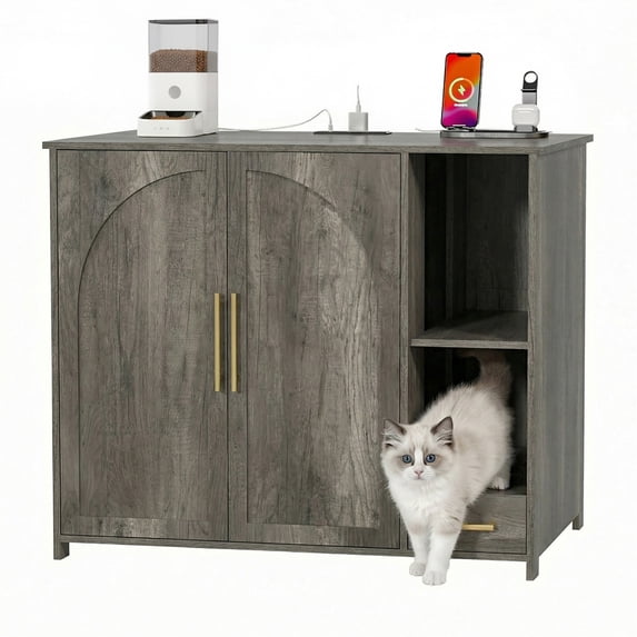 GDF Studio Hidden Cat Litter Box Enclosure Furniture with Power Strip, Large Dog-Proof Cabinet, Gray
