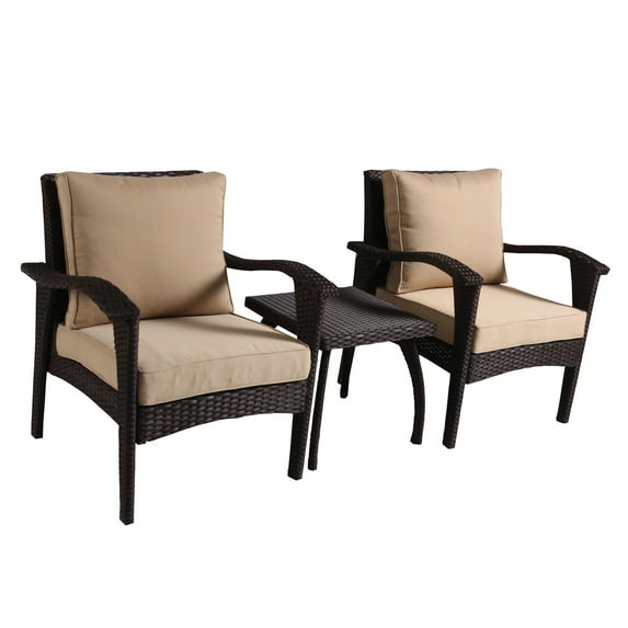 GDF Studio Hilary Outdoor Wicker 3 Piece Chat Set with Cushion, Brown and Tan