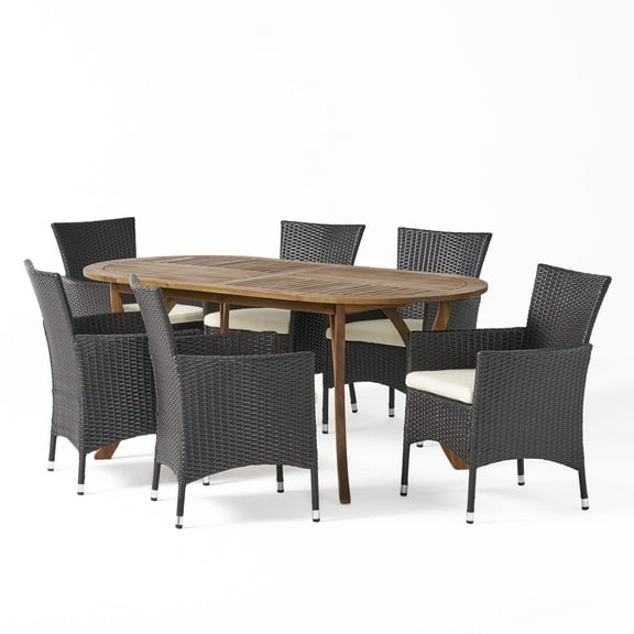 GDF Studio Hiro Outdoor Acacia Wood and Wicker 7 Piece Dining Set, Teak, Multibrown, and Cream