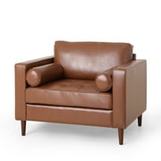 GDF Studio Hixon Contemporary Faux Leather Tufted Club Chair with Bolster Pillows, Cognac Brown and Espresso