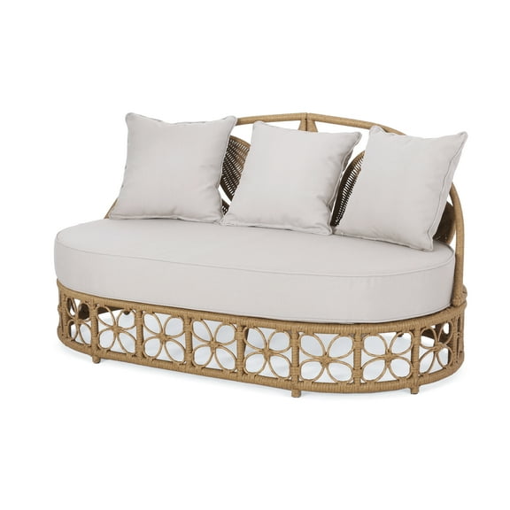 GDF Studio Homan Outdoor Wicker Daybed with Pillows, Light Brown and Beige