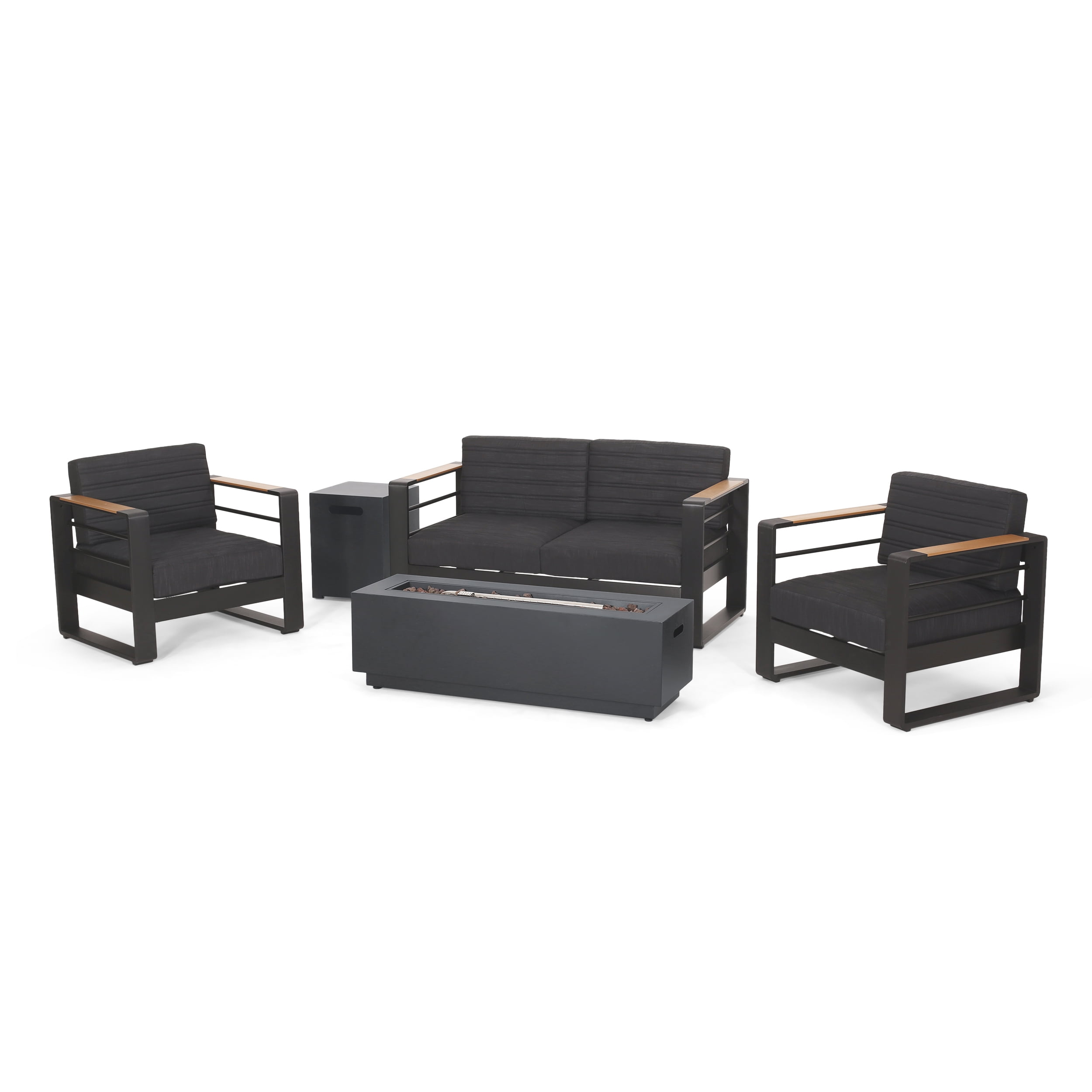 Hooven Black and Natural Aluminum 4 Seater Chat Set with Fire Pit