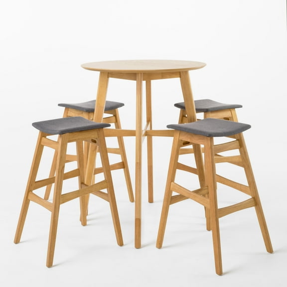 GDF Studio Hosk Dark Grey Fabric/ Natural Oak Finish Circular 5 Piece Bar Height Dining Set