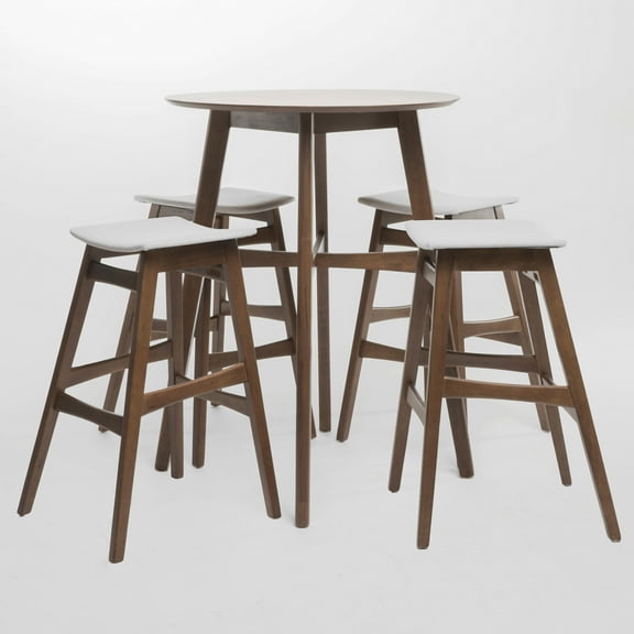GDF Studio Hosk Light Beige Fabric/ Natural Walnut Finish Circular 5 Piece Bar Height Dining Set