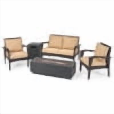 GDF Studio Houlihan Outdoor Wicker 4 Seater Chat Set with Fire Pit, Brown, Tan, and Dark Gray