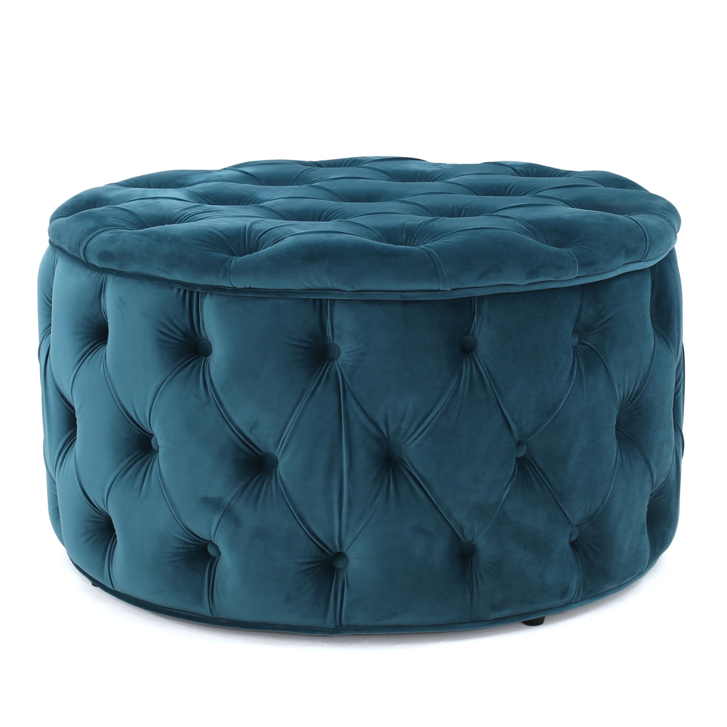 Contemporary Birch and Velvet Round Tufted Ottoman in Teal