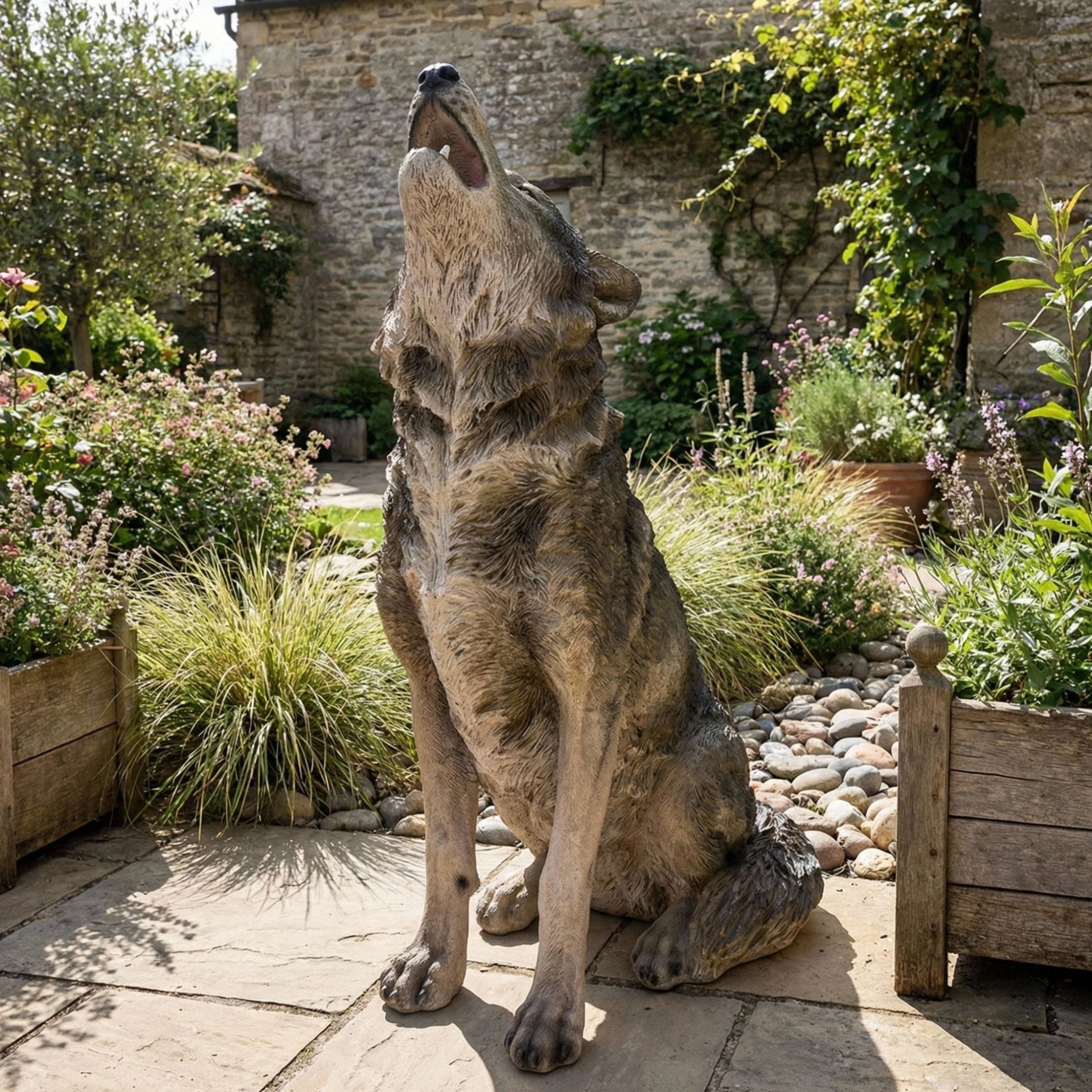GDF Studio Howling Wolf Resin Indoor/Outdoor Guardian Statue, Weather-Resistant Decor Figurine for Garden & Courtyard