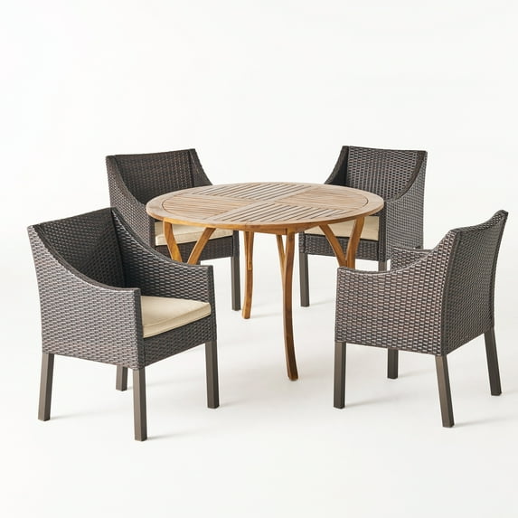 GDF Studio Hudson Outdoor Acacia Wood and Wicker 5 Piece Dining Set with Cushions, Teak, Multibrown, and Cream
