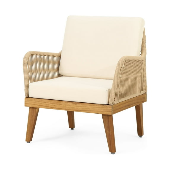 GDF Studio Hueber Outdoor Acacia Wood and Rope Club Chair with Cushions, Teak, Light Brown, and Beige