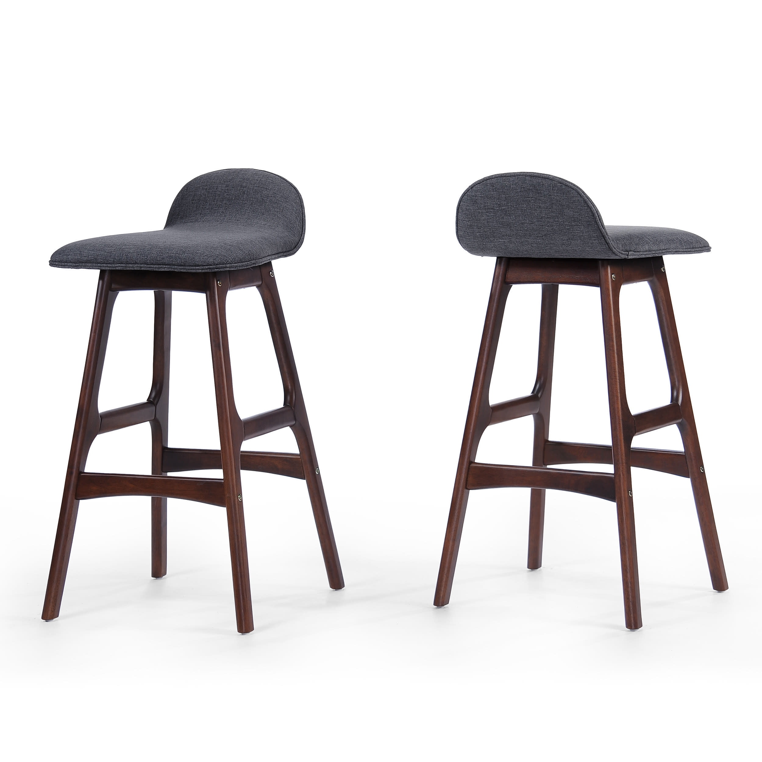 Mid-Century Modern Charcoal Grey Upholstered Barstools, Set of 2