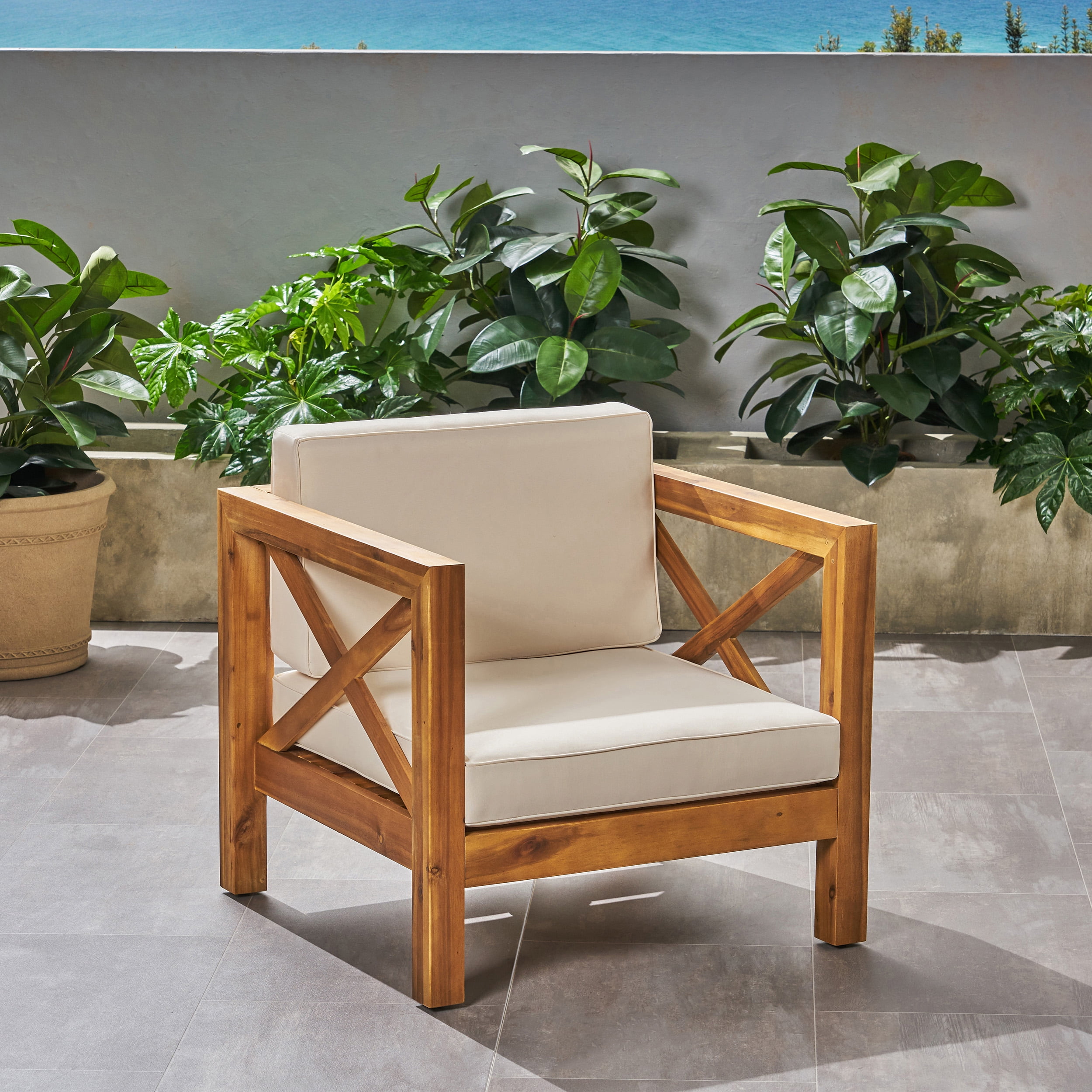 GDF Studio Indira Outdoor Acacia Wood Club Chair with Cushion Teak Finish and Beige