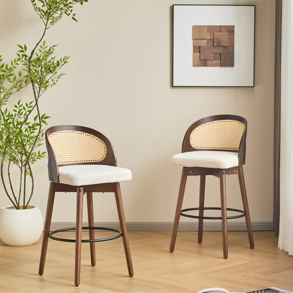 GDF Studio Indoor Wood Bar Stools with Beige Fabric Upholstery, Curved Rattan Back, Walnut Finish, Set of 2