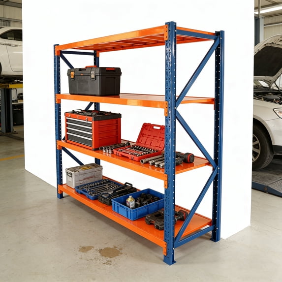 GDF Studio Industrial Heavy Duty Garage Shelves, 4-Tier Adjustable Metal Utility Shelving Unit, Blue and Orange