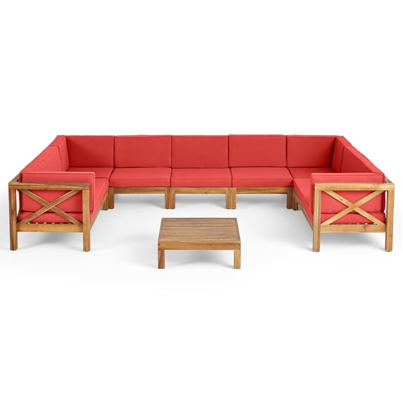GDF Studio Isabella Outdoor 9 Seater Acacia Wood Sectional Sofa Set, Teak and Red