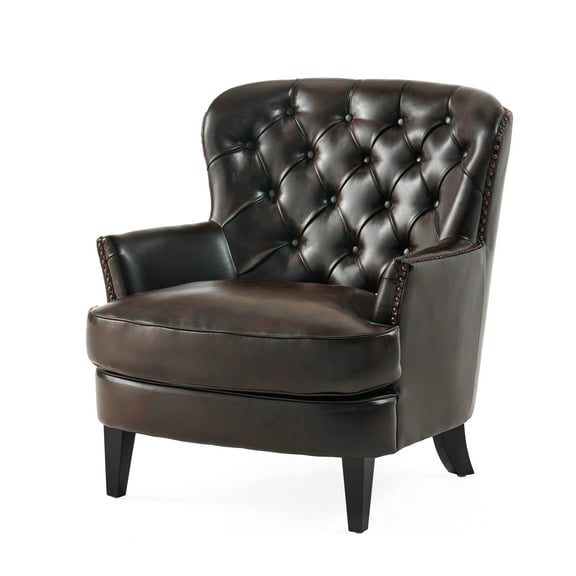 GDF Studio Ishtar Contemporary Tufted Club Chair with Nailhead Trim, Brown Bonded Leather and Dark Brown
