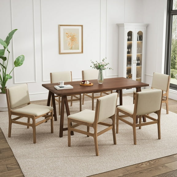 GDF Studio Isla Modern 7-Piece Dining Set with 70.8” Rectangle Table with Upholstered Chairs, Solid Wood Frame, Wheat+Walnut