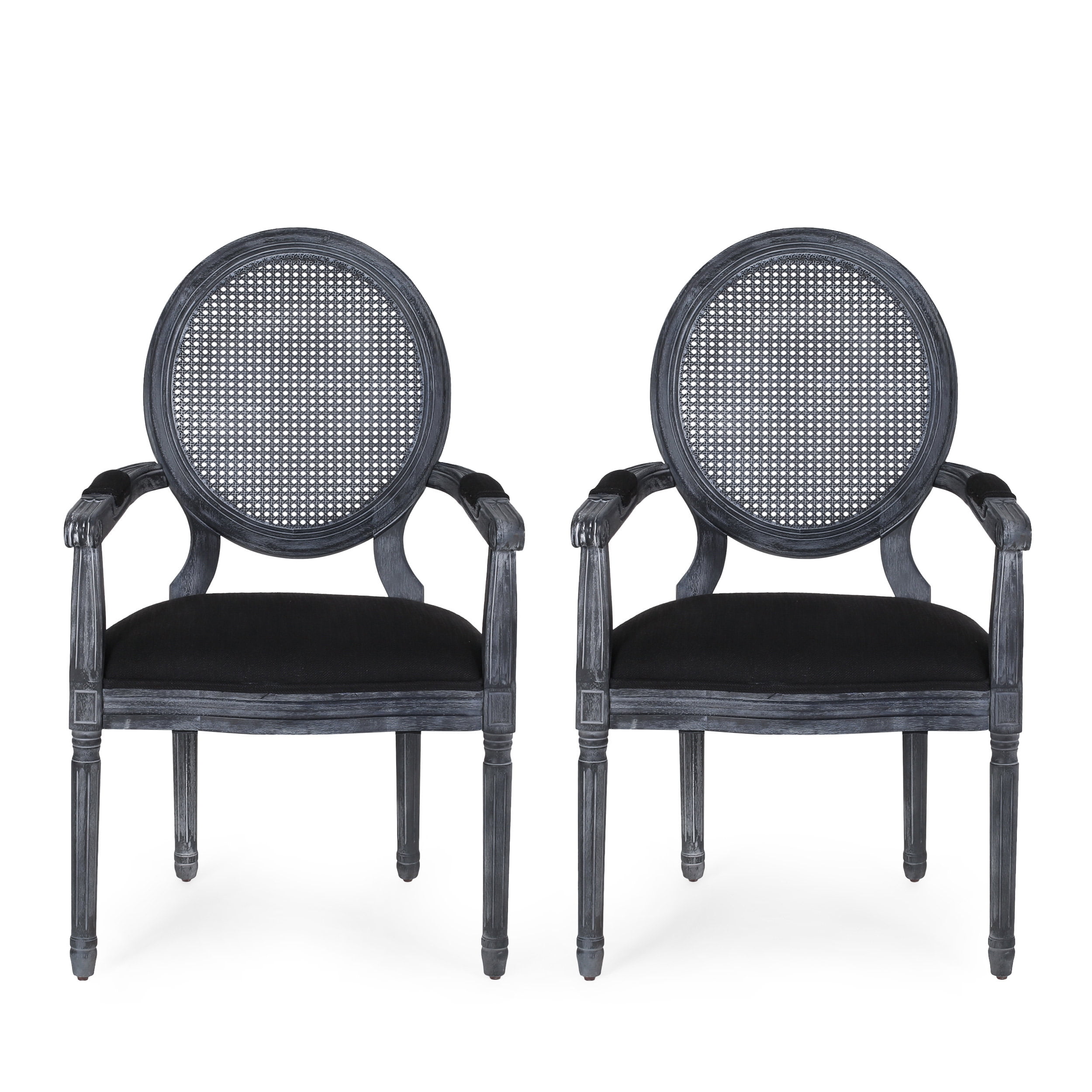 GDF Studio Ismay French Country Fabric Upholstered Wood and Cane Dining Chairs Set of 2 Black and Gray