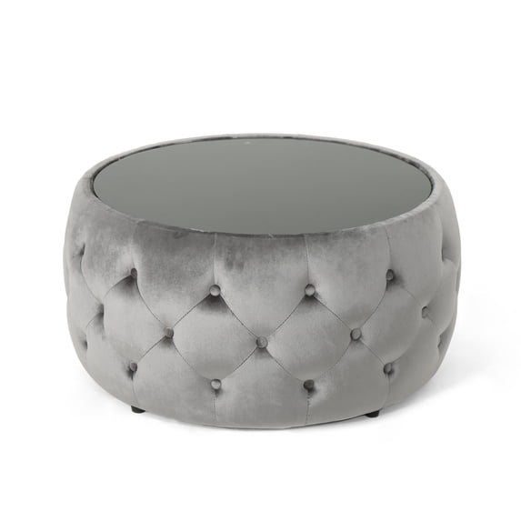 GDF Studio Ivy Glam Velvet Tufted Coffee Table Ottoman with Tempered Glass, Smoke