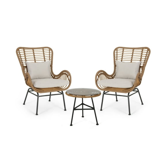 GDF Studio Izidro Outdoor Wicker and Glass 3 Piece Chat Set with Cushions, Light Brown and Beige