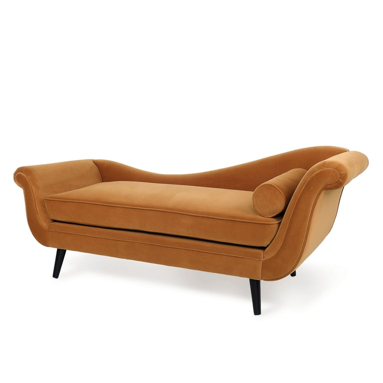 GDF Studio Jakyrah Contemporary Chaise Lounge with Scroll Arms Turmeric Orange Velvet and Dark Brown