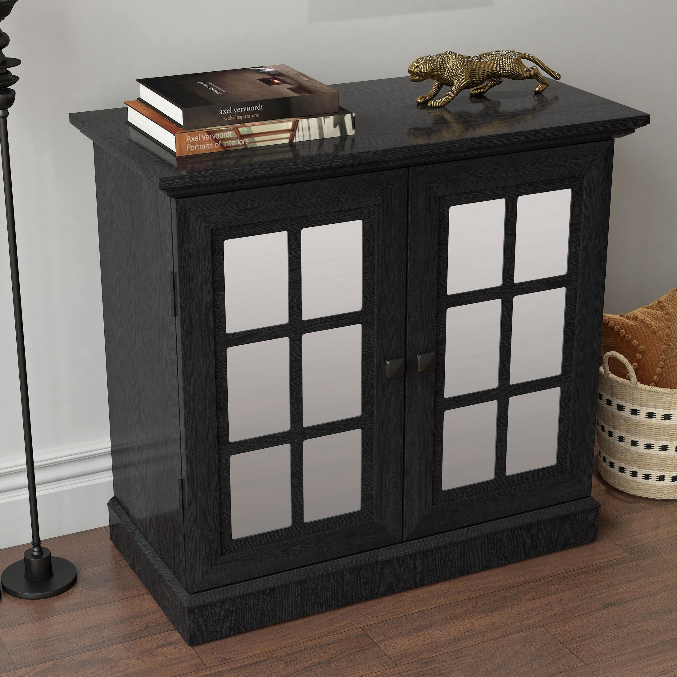 GDF Studio Janus 2-Door Acrylic Mirrored Sideboard Cabinet, Rustic Kitchen Storage Cupboard, Adjustable Shelf, Black Oak