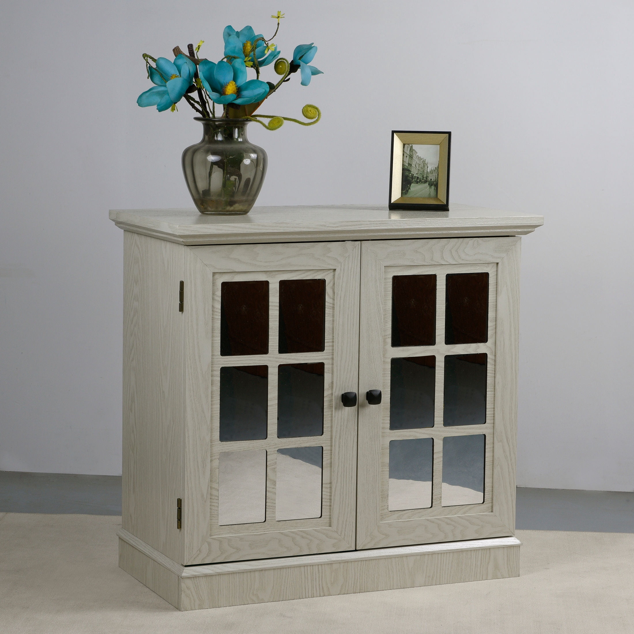 GDF Studio Janus 2-Door Acrylic Mirrored Sideboard Cabinet, Rustic Kitchen Storage Cupboard, Adjustable Shelf, White Oak