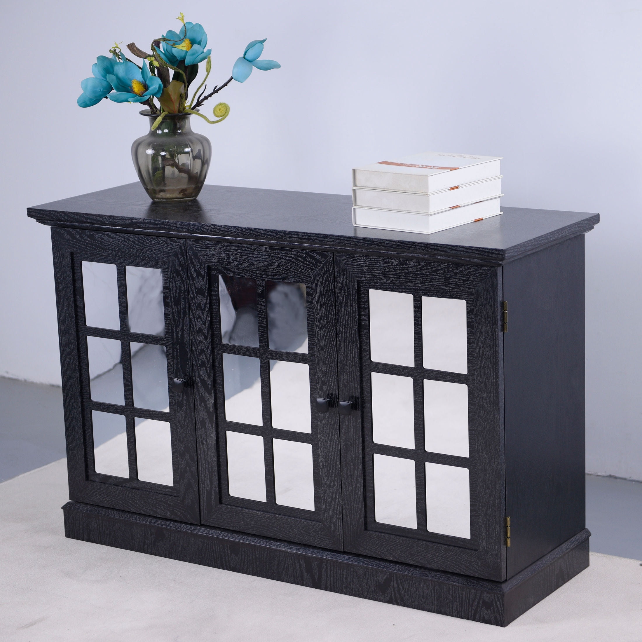 GDF Studio Janus 3-Door Acrylic Mirrored Sideboard Cabinet, Rustic Kitchen Storage Cupboard, Adjustable Shelf, Black Oak