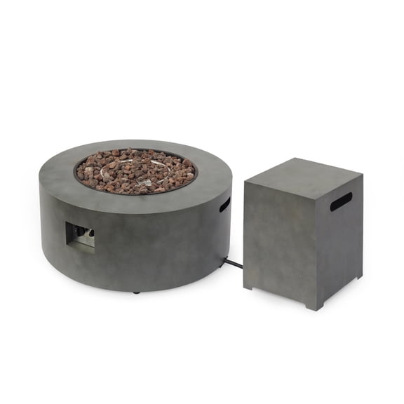 GDF Studio Jasmine Outdoor 40,000 BTU Iron Circular Fire Pit with Tank Holder, Concrete Finish