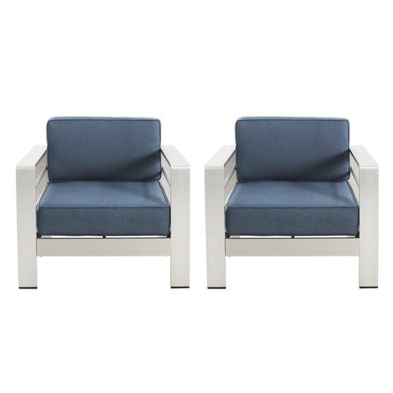 GDF Studio Jensen Outdoor Patio Club Chairs with Blue Cushions, Set of 2