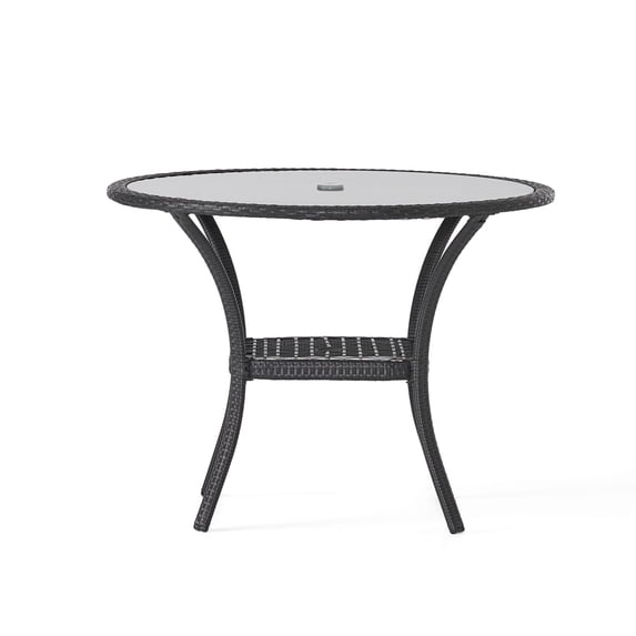 GDF Studio Jeremy Outdoor Wicker Dining Table with Glass Top, Gray and Smoky