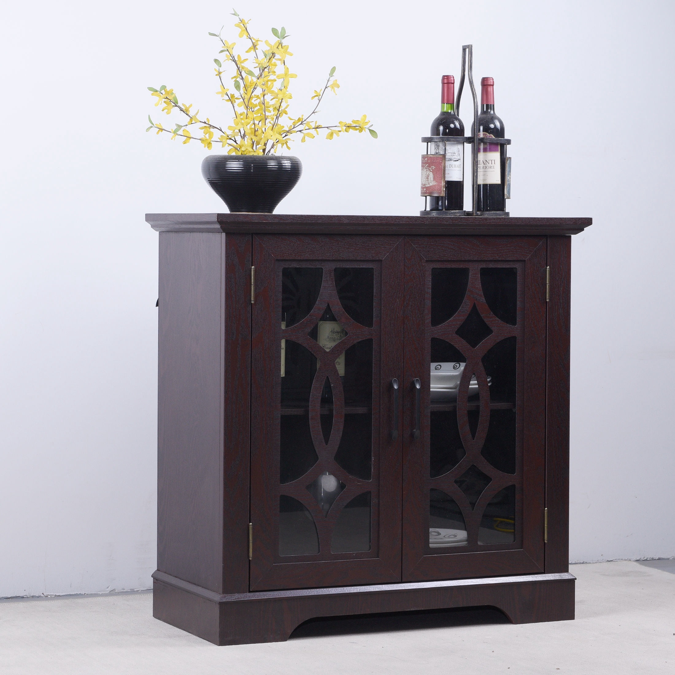 GDF Studio Jevus 2-Door Tempered Glass Sideboard Cabinet, Rustic Storage Cupboard for Kitchen, Dining Room, Cherry