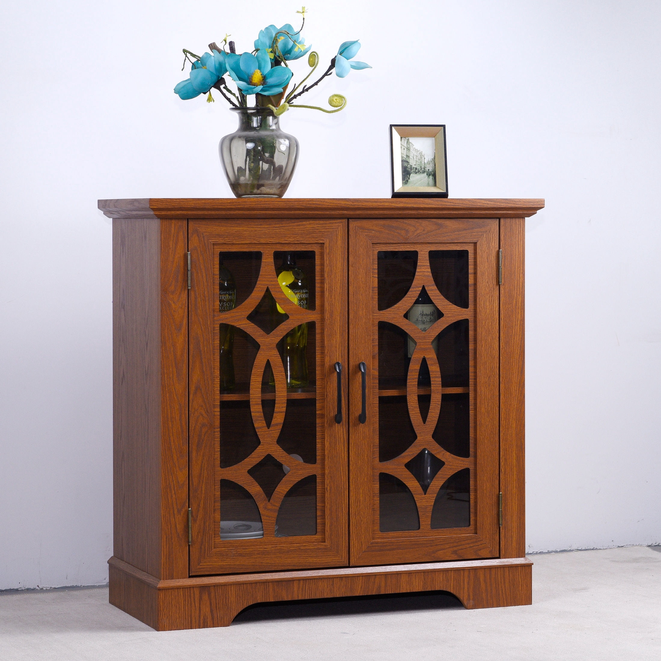 GDF Studio Jevus 2-Door Tempered Glass Sideboard Cabinet, Rustic Storage Cupboard for Kitchen, Dining Room, Dark Oak