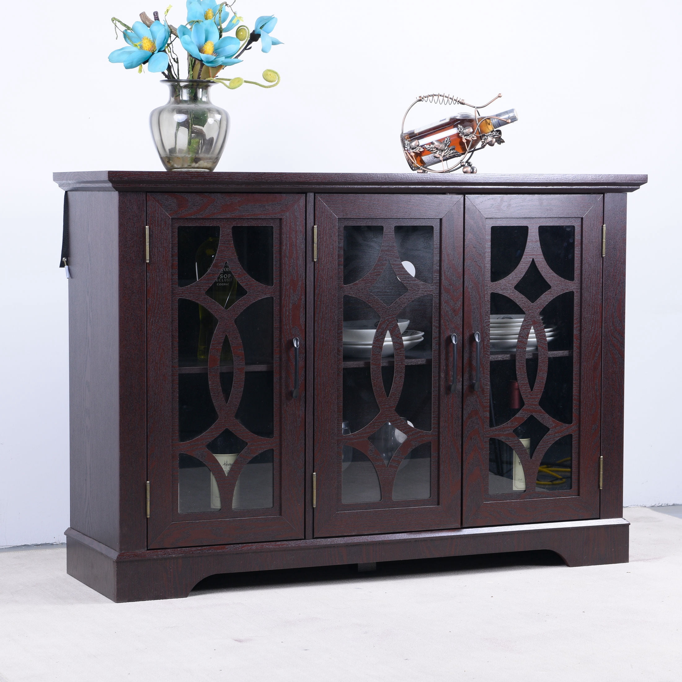 GDF Studio Jevus 3-Door Tempered Glass Sideboard Cabinet, Rustic Storage Cupboard for Kitchen, Dining Room, Cherry