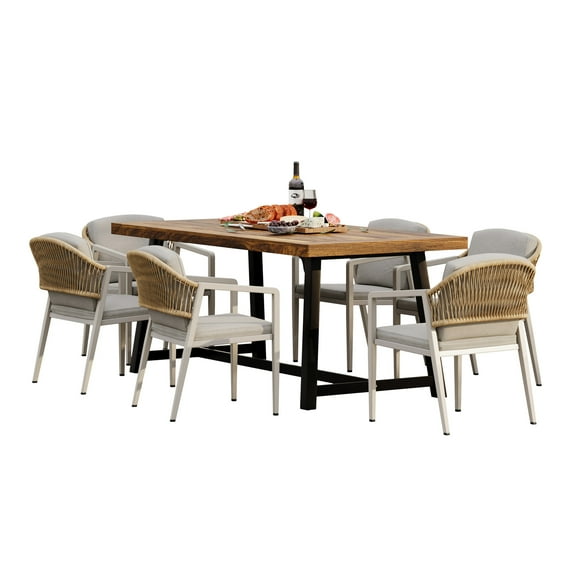 GDF Studio Jiana Outdoor Acacia, Iron, PE Rattan 7-Piece Dining Set, Teak, Black, Silver, Natural