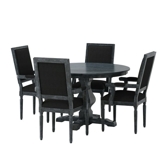 GDF Studio Joretta French Country Fabric Upholstered Wood 5 Piece Circular Dining Set, Gray and Black