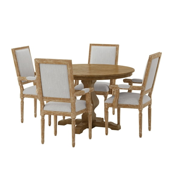 GDF Studio Joretta French Country Fabric Upholstered Wood 5 Piece Circular Dining Set, Natural and Light Gray