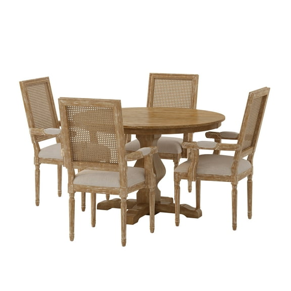 GDF Studio Joretta French Country Fabric Upholstered Wood and Cane 5 Piece Circular Dining Set, Natural and Beige