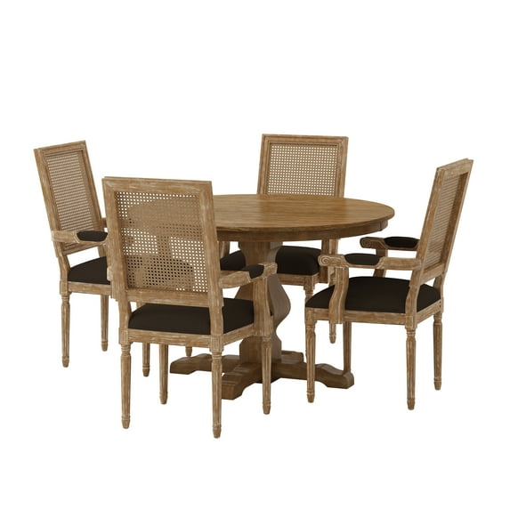 GDF Studio Joretta French Country Fabric Upholstered Wood and Cane 5 Piece Circular Dining Set, Natural and Brown