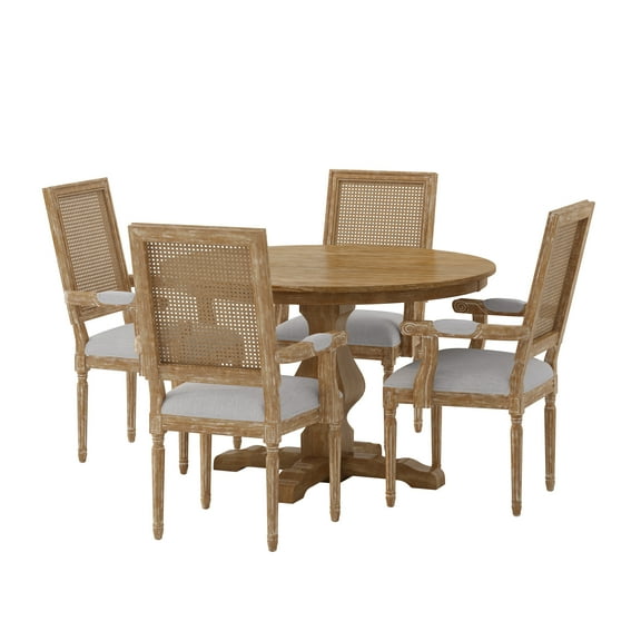 GDF Studio Joretta French Country Fabric Upholstered Wood and Cane 5 Piece Circular Dining Set, Natural and Light Gray