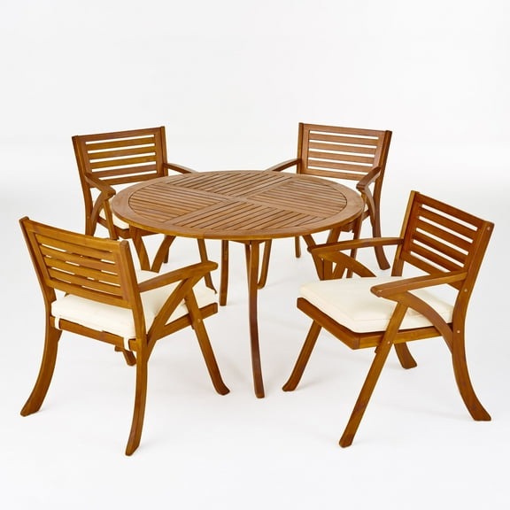 GDF Studio Jorine Outdoor Acacia Wood 5 Piece Dining Set with Cushions, Teak and Cream