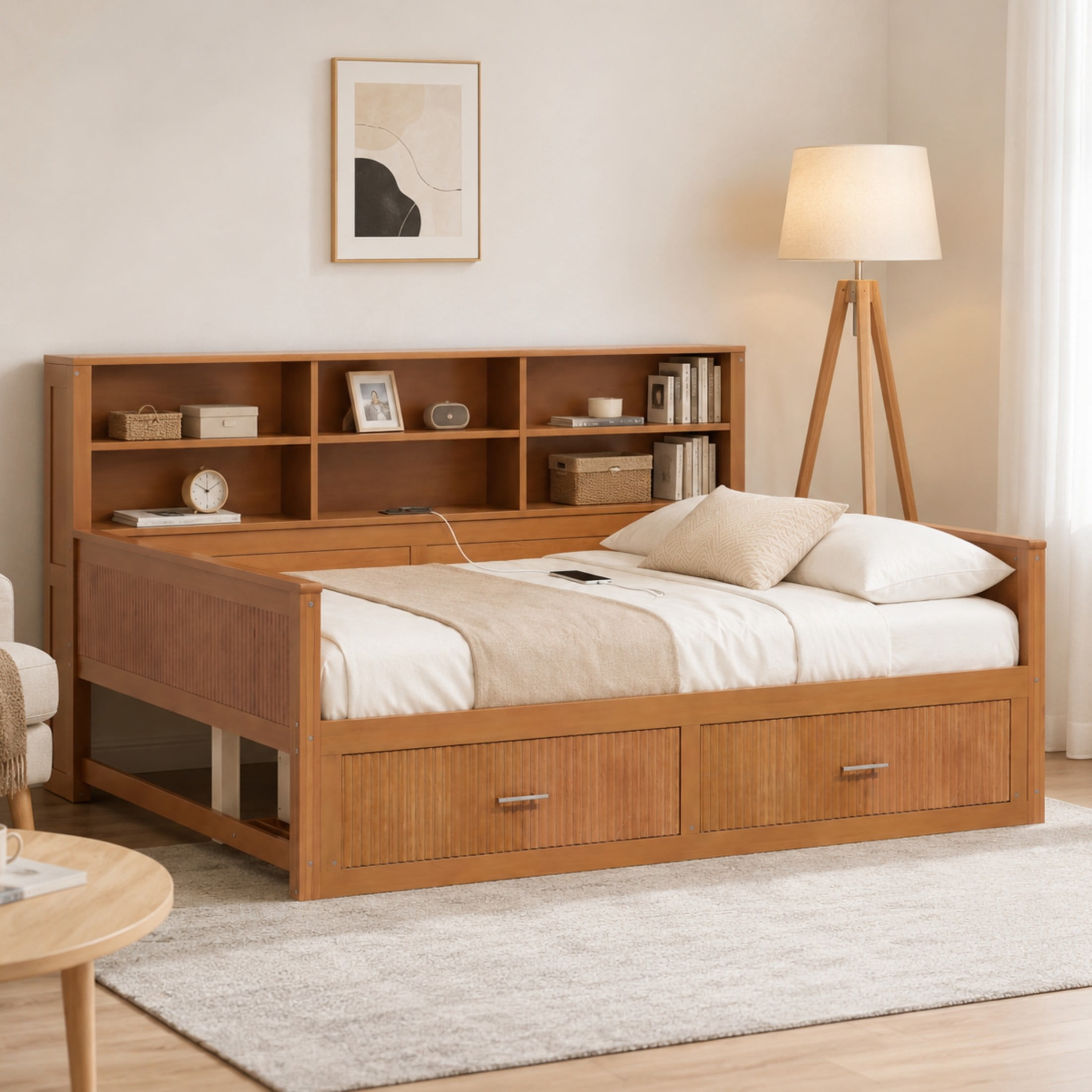 GDF Studio Josha Full-Size Wooden Daybed with Bookcase Headboard, Storage Drawers & Built-In Charging Station, Walnut