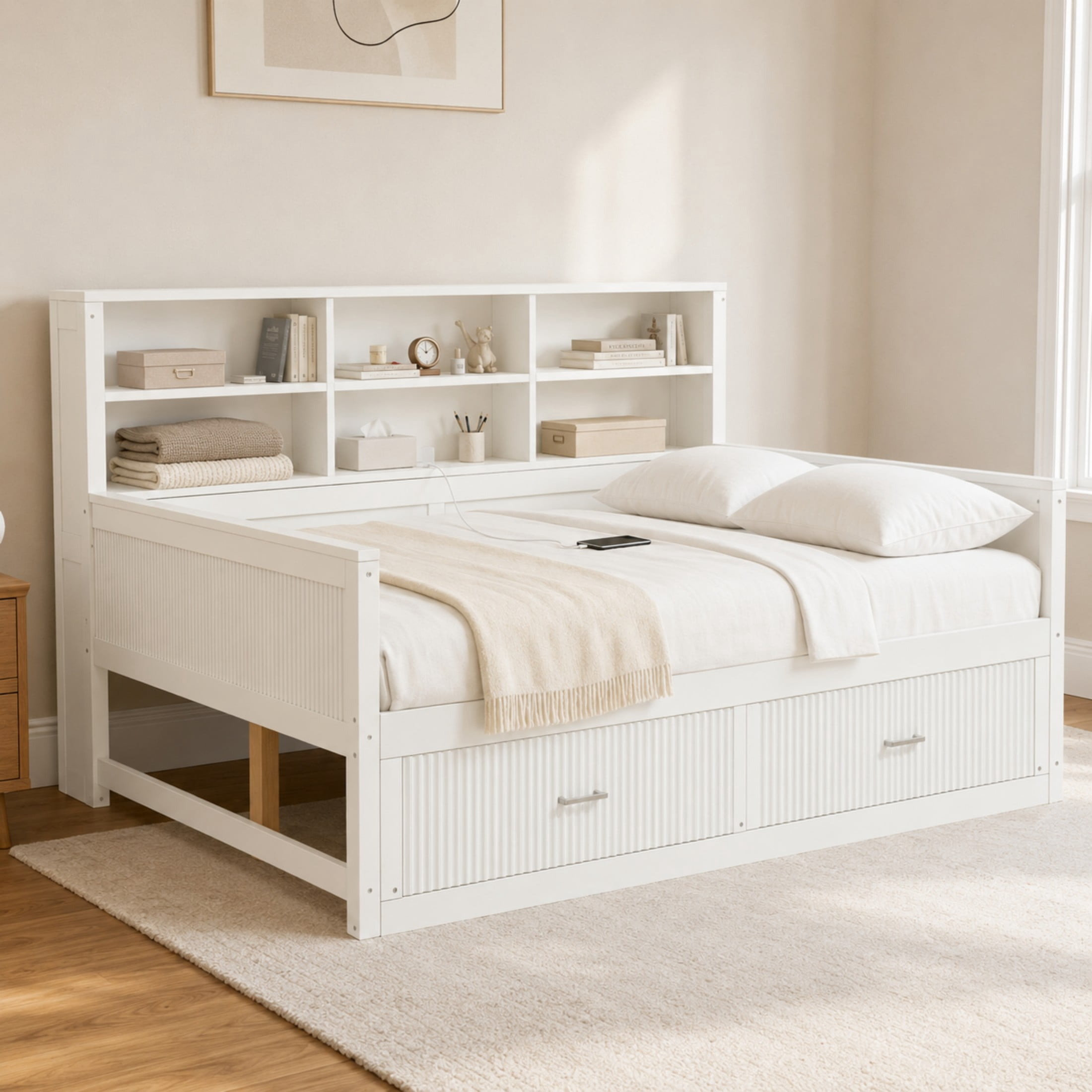 GDF Studio Josha Full-Size Wooden Daybed with Bookcase Headboard, Storage Drawers & Built-In Charging Station, White