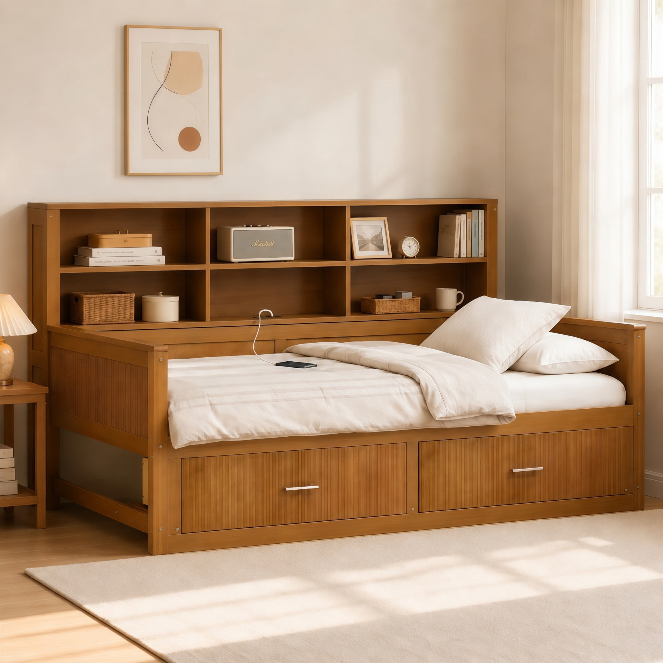 GDF Studio Josha Twin-Size Wooden Daybed with Bookcase Headboard, Storage Drawers & Built-In Charging Station, Walnut