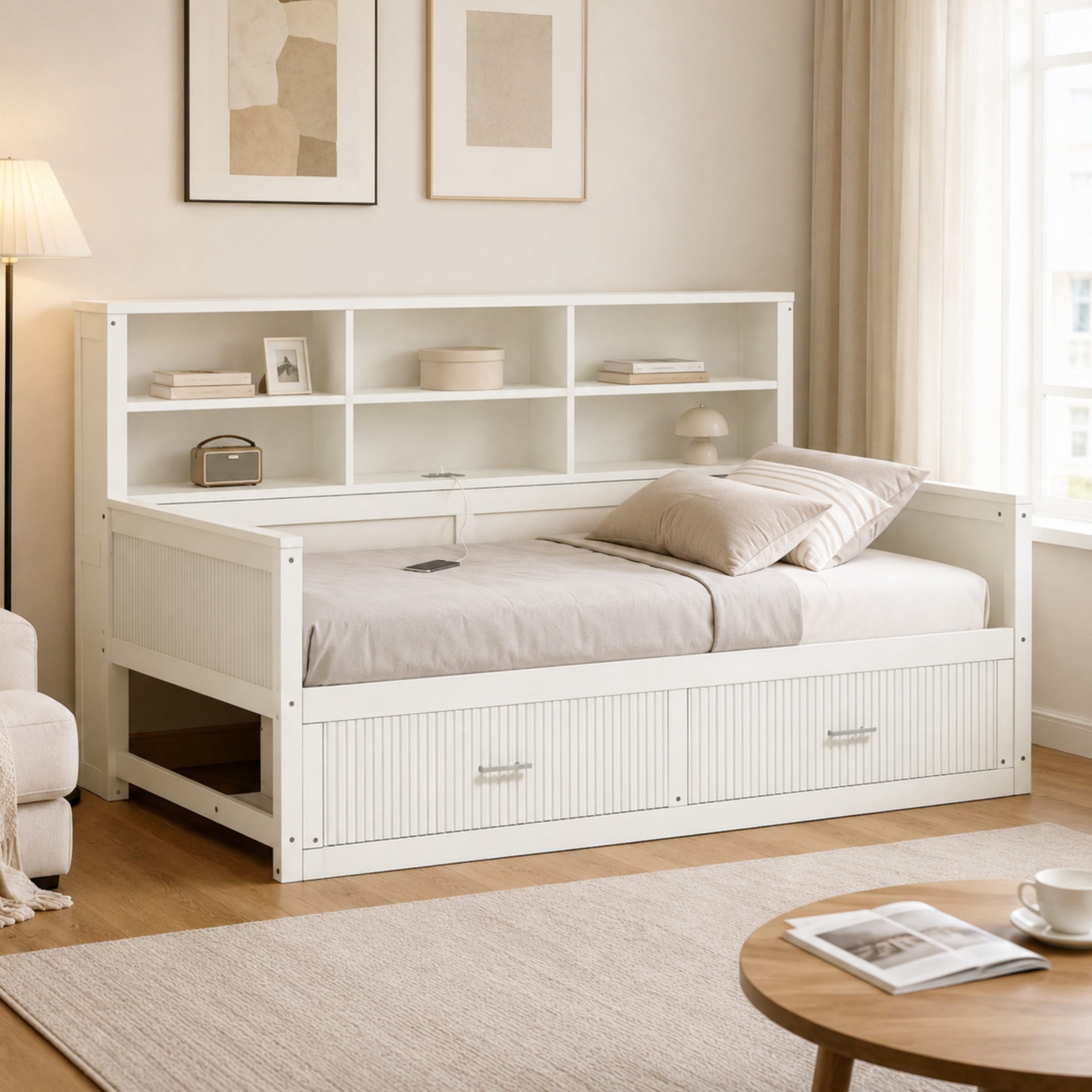 GDF Studio Josha Twin-Size Wooden Daybed with Bookcase Headboard, Storage Drawers & Built-In Charging Station, White