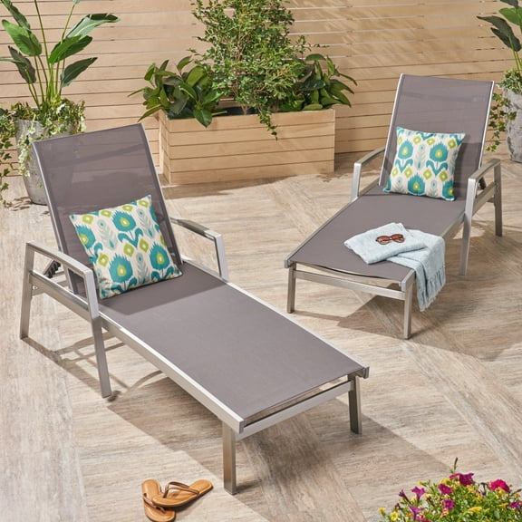 GDF Studio Joy Outdoor Aluminum Adjustable Chaise Lounges, Set of 2, Gray Mesh and Silver