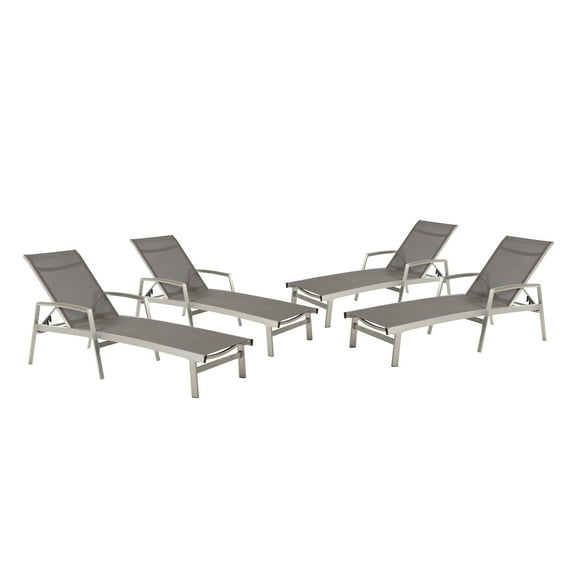 GDF Studio Joy Outdoor Mesh and Aluminum Adjustable Chaise Lounge, Set of 4, Gray