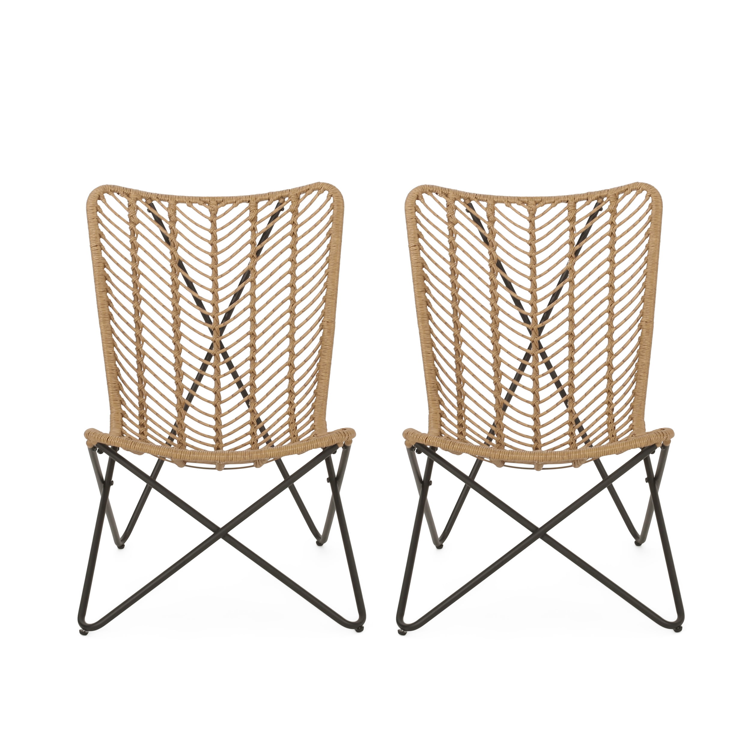Light Brown and Black Wicker Bohemian Armchair Set with Iron Legs