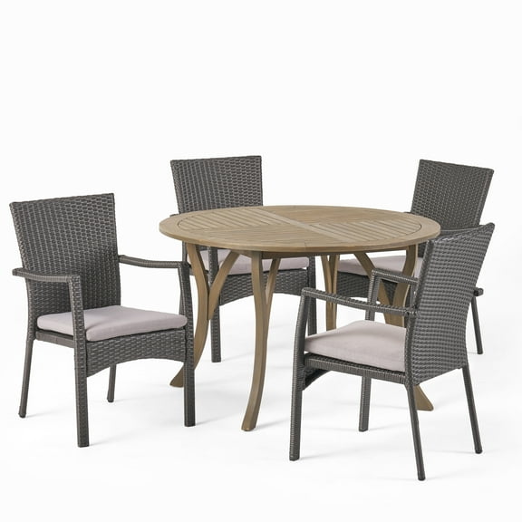 GDF Studio Julian Outdoor Acacia Wood and Wicker 5 Piece Dining Set with Cushions, Gray
